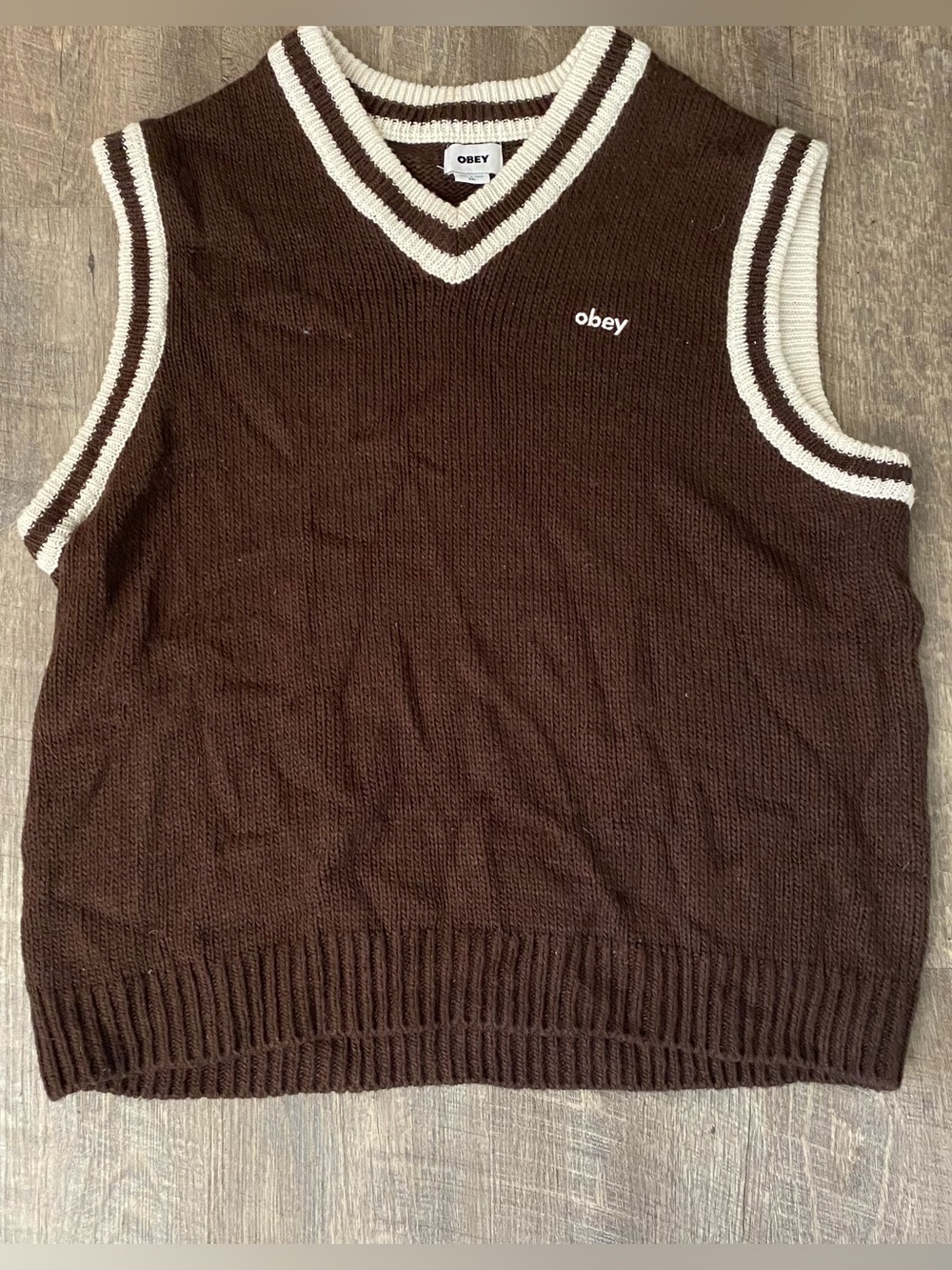 Obey Brown Knit XXL V-Neck Sweater Vest with Cream Trim